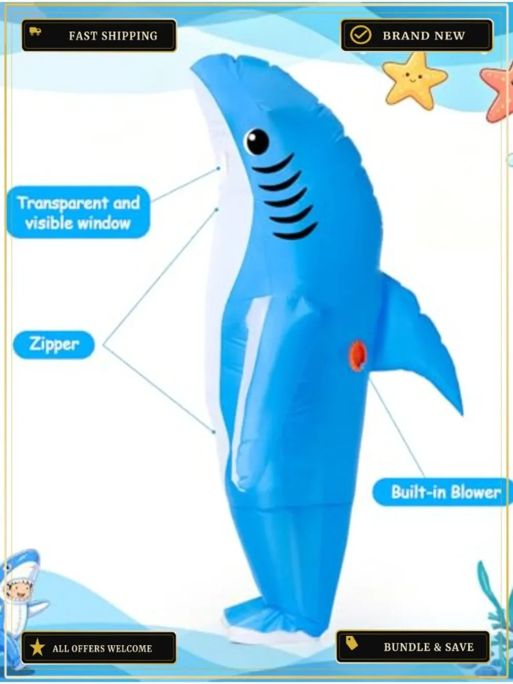 Inflatable Shark Costume for Kids Blow Up Halloween Cosplay Party Suit